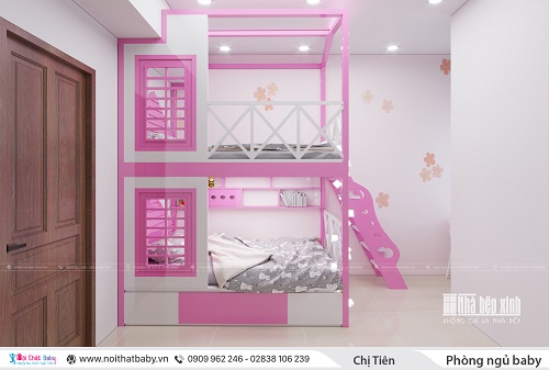 Thiết kế giường tầng cho hai bé màu hồng dễ thương
